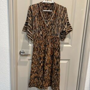 Vintage 70s Brown and Black Knit Fit and Flair Sweater Dress with Dolman Sleeves